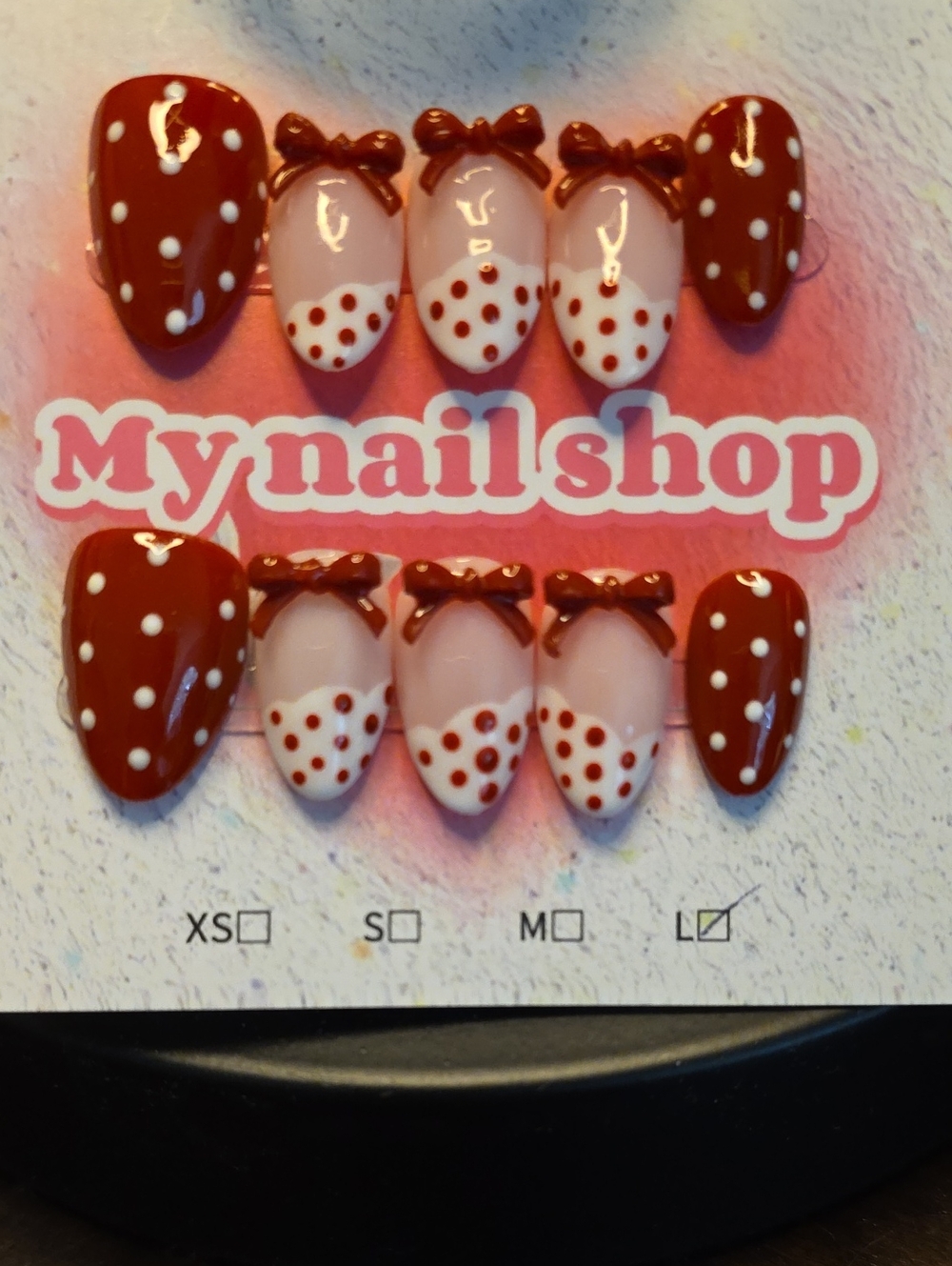 Polka Dot Red & White Bow Press-On Nails Sz. Large